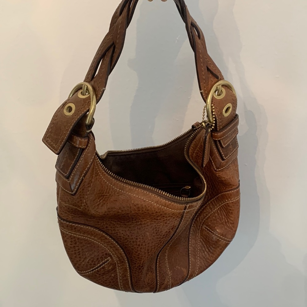 Coach Brown Leather Shoulder Bag with Gold Hardware.
